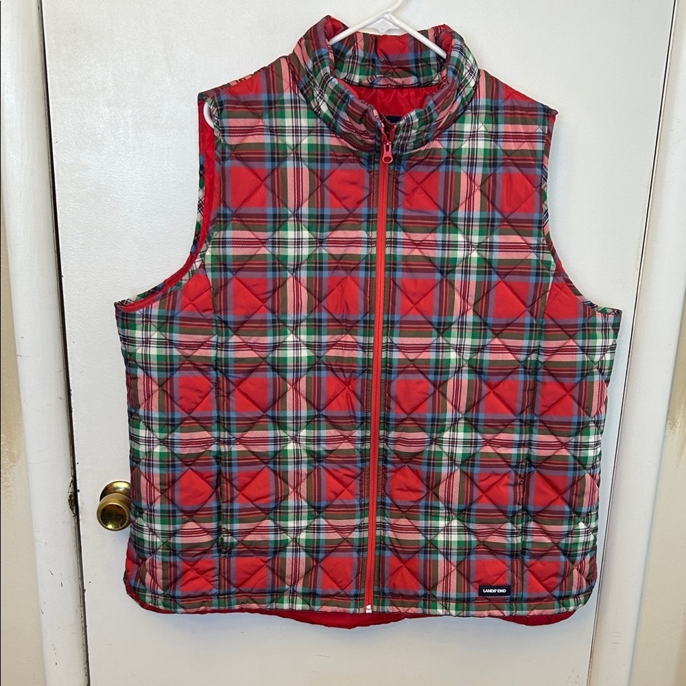 Lands' End Red and Green Plaid Quilted Vest 2X